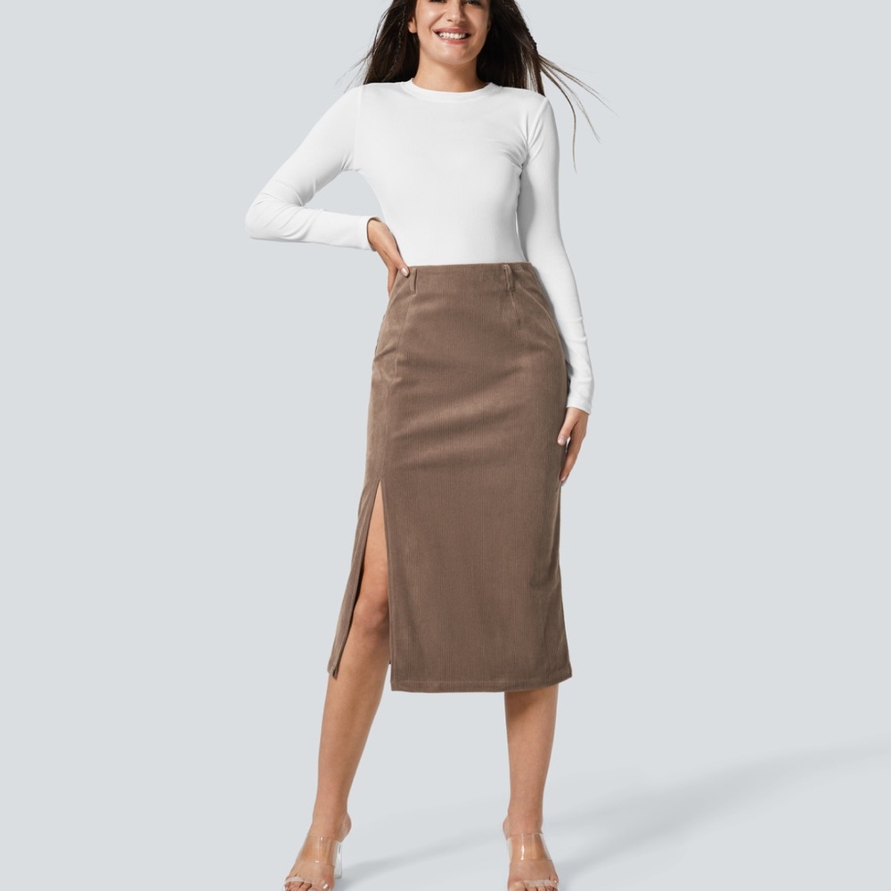 Halara NWT Elegant Brown Midi Skirt belt loops, slit, size S, corduroy feel
